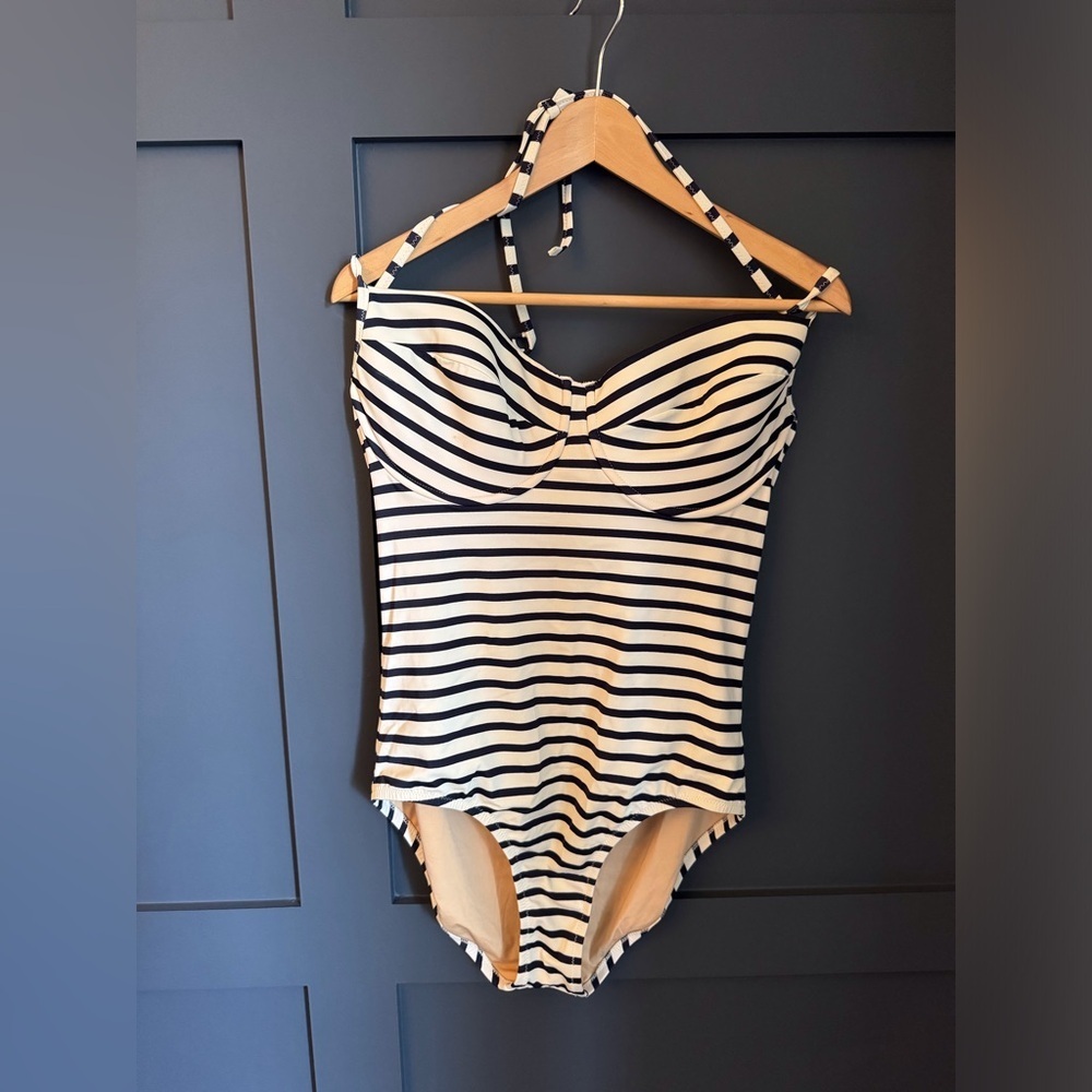 J. Crew Navy and Cream Nautical Halter One-Piece Swimsuit